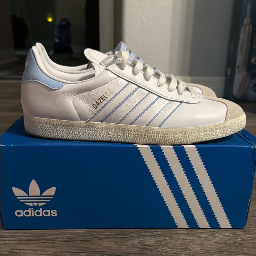 Adidas Gazelle White and Blue Sneakers